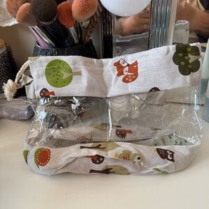 3/$15 Cute Drawstring Bag Patterned Forest Canvas and Clear Plastic